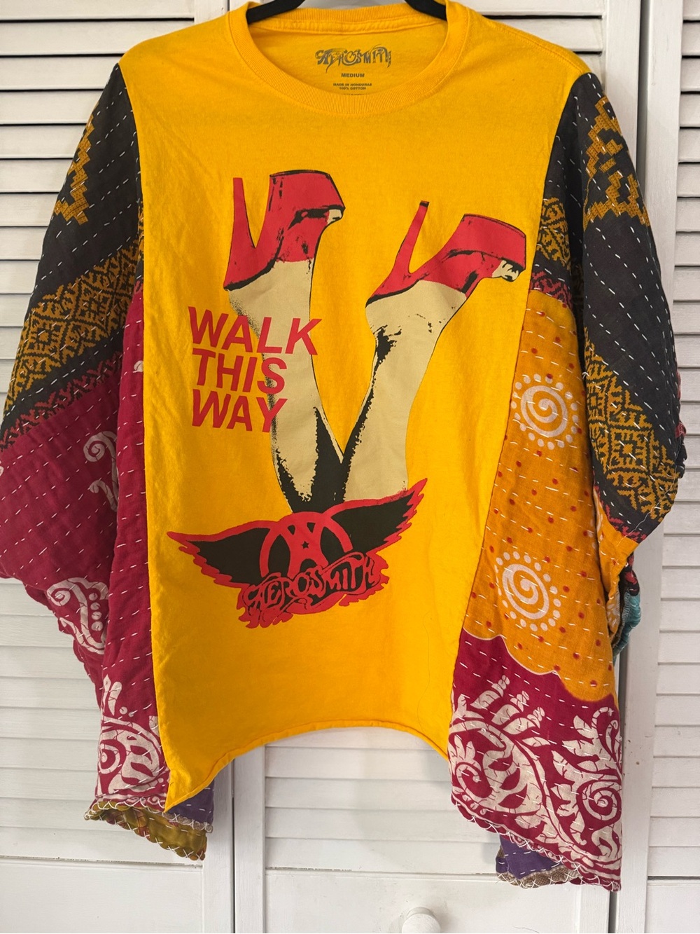 Aerosmith "Walk This Way" Yellow Upcycled Kantha sleeves Graphic T fit-small-3x